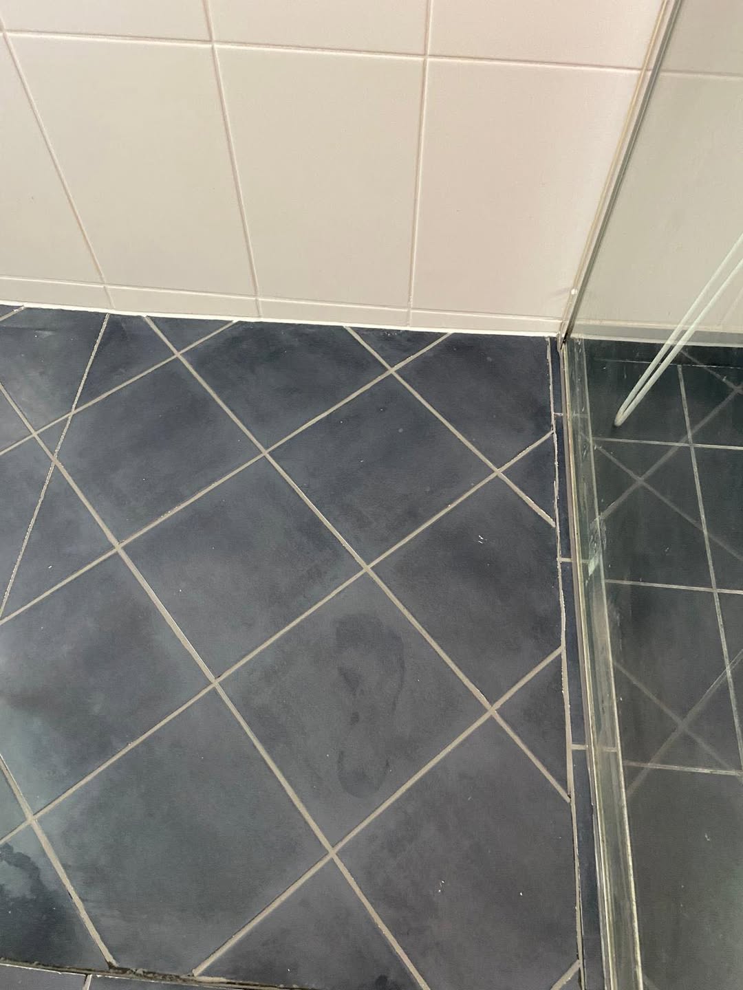 After restoration: dark shower floor with cleaner grout lines